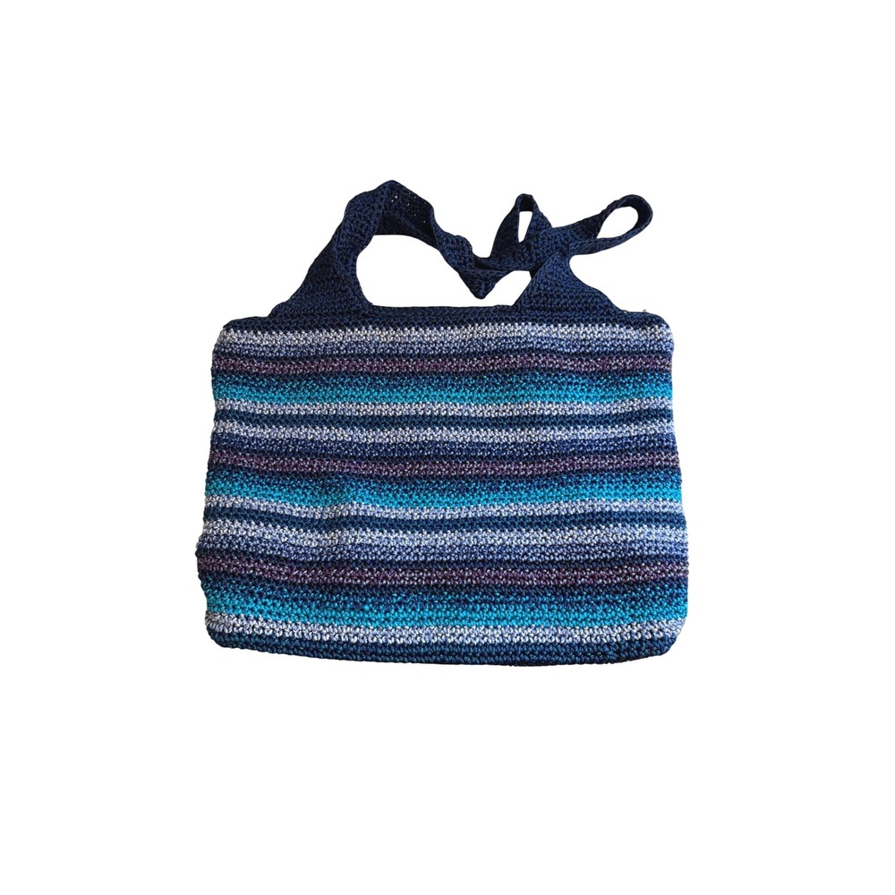 The Sak Crochet Striped Tote Bag Blue Purple Teal Boho Shoulder Bag Large